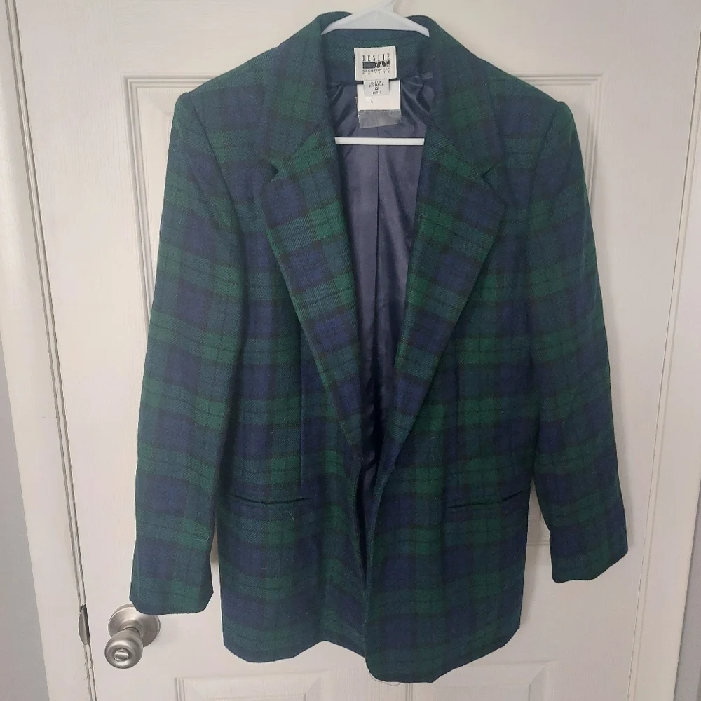 Leslie Fay Single Button Green & Blue Plaid Blazer, Size Large - Picture 1 of 4